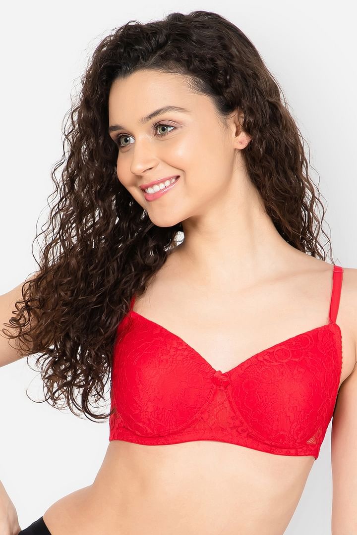 Buy Padded Non-Wired Full Cup Bra in Red - Lace Online India, Best