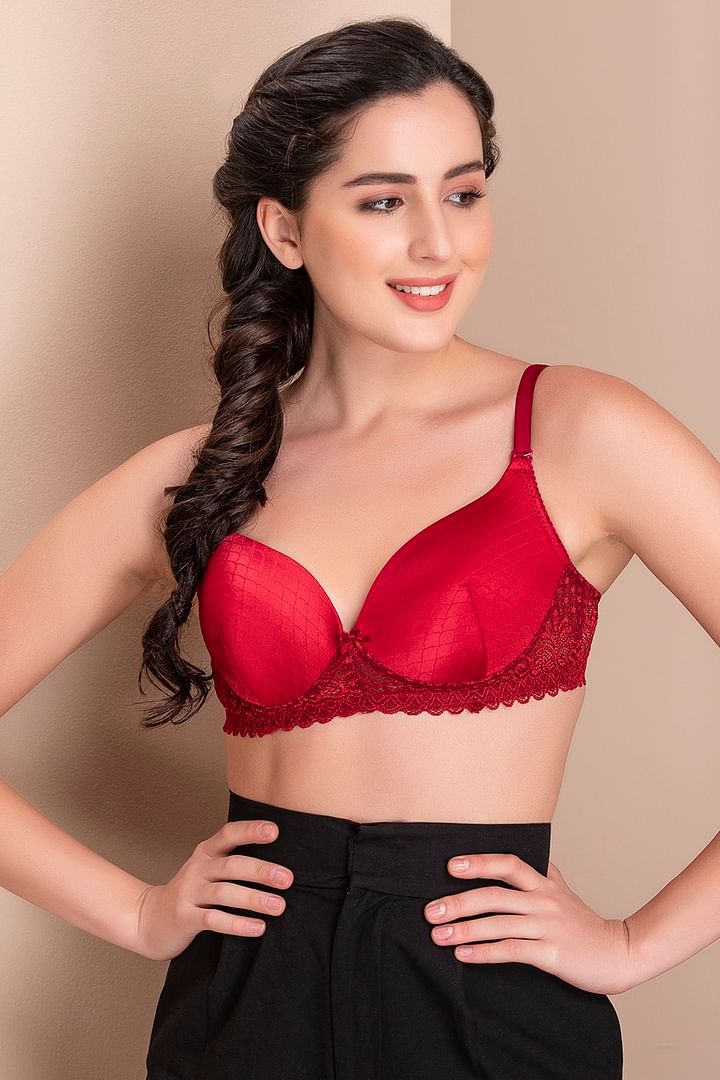 Buy Non-Padded Non-Wired Full Coverage Bra with Lace In Maroon