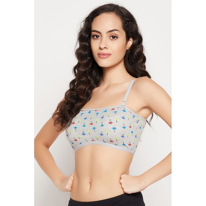 

Clovia Padded Non-Wired Full Cup Palm Tree Print Teenage Bra in Light Grey with Removable Pads - Cotton - BB0023B01