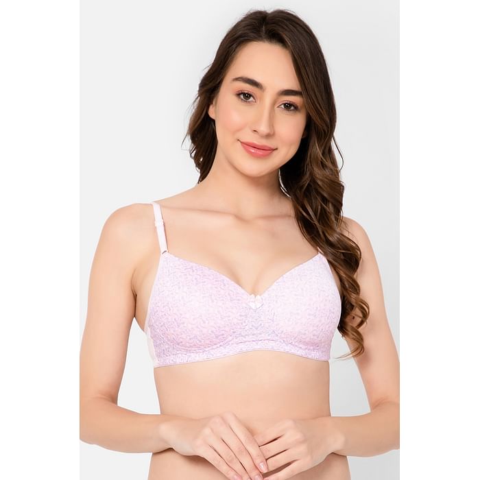 

Clovia Padded Non-Wired Full Cup Printed T-shirt Bra in Baby Pink - BR1277D22, Light pink