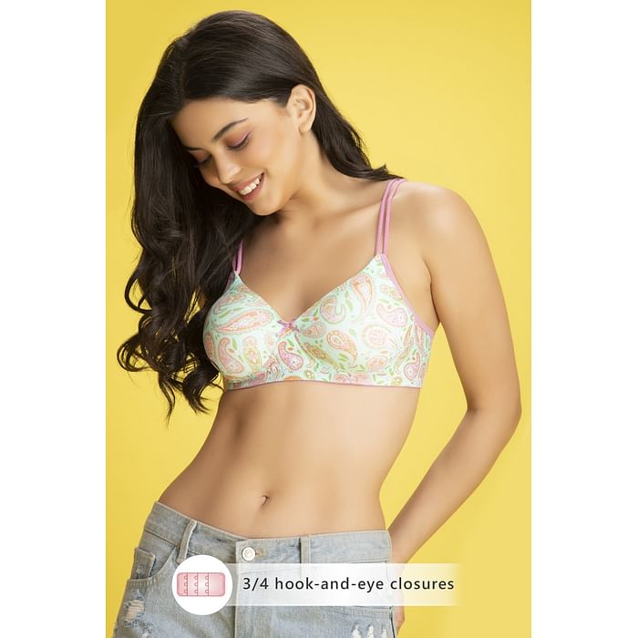 

Clovia Padded Non-Wired Full Cup Paisley Print T-Shirt Bra in Mint Green - BR1067A11, Light green