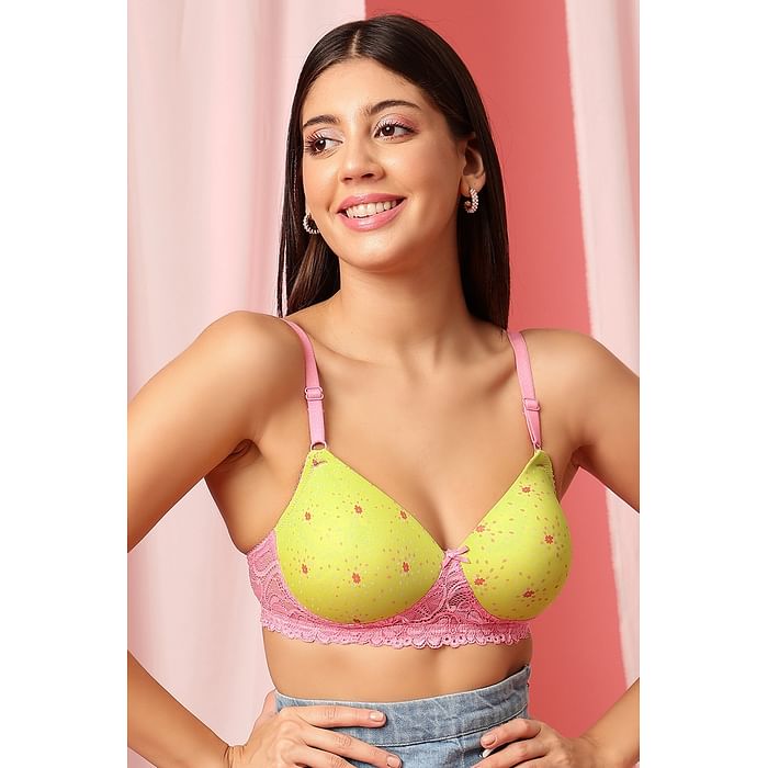 

Clovia Padded Non-Wired Full Cup Floral Print T-shirt Bra in Neon Green - BR1806N11, Light green