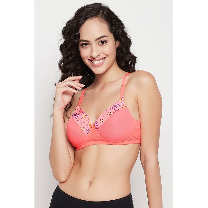 

Clovia Padded Non-Wired Full Cup Printed T-shirt Bra in Peach Colour - BR2365P34