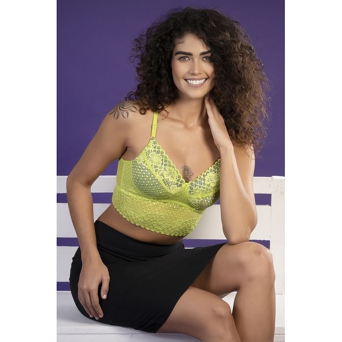 

Clovia Padded Non-Wired Full Cup Racerback Longline Bralette in Parrot Green - Lace - BR1572R11, Light green