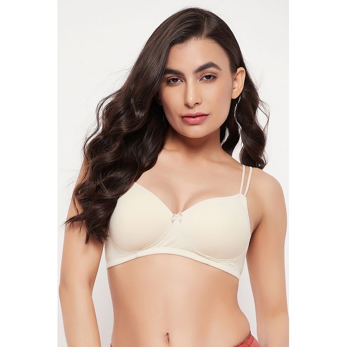 

Clovia Padded Non-Wired Full Cup Self-Striped T-shirt Bra in Off-White - BR1737C24