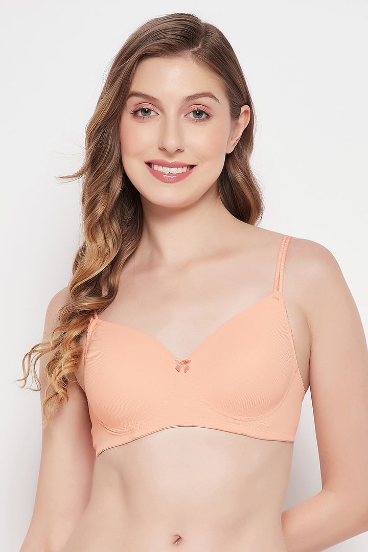 Buy Padded Non-Wired Full Cup Self-Striped T-shirt Bra in Peach