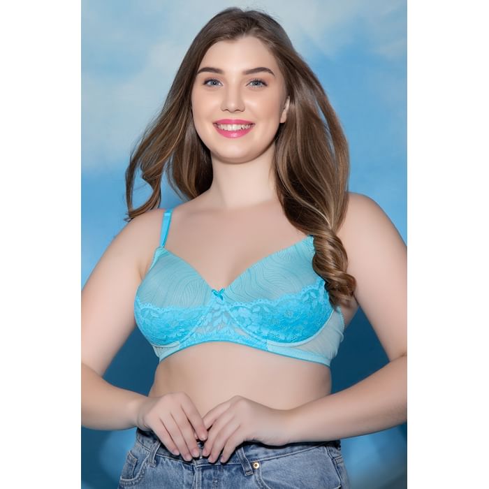 

Clovia Padded Non Wired Full Cup Striped Bra in Sky blue - Lace - BR2270Y03, Light blue