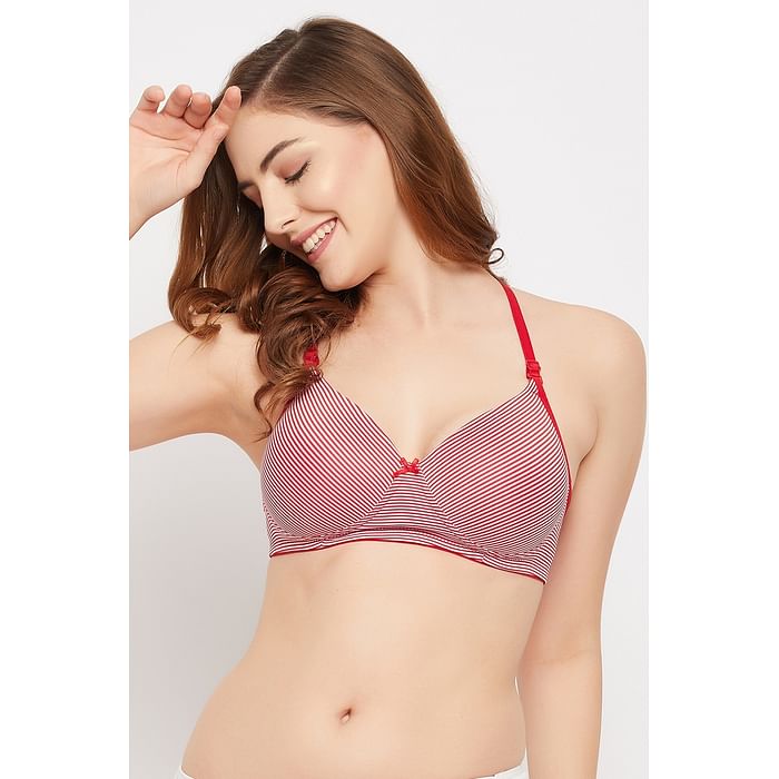 

Clovia Padded Non-Wired Full Cup Striped Multiway T-shirt Bra in Red - Cotton - BR0935U04