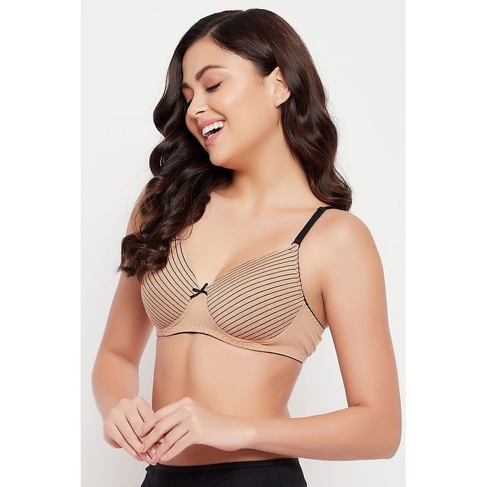 

Clovia Padded Non-Wired Full Cup Striped T-shirt bra in Beige - Cotton - BR2391P06, Brown