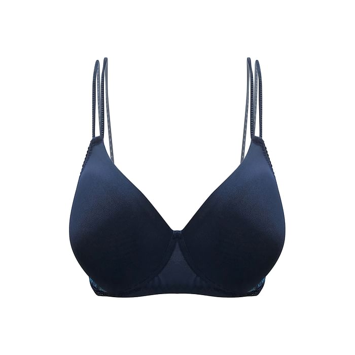 

Clovia Padded Non-Wired Full Cup T-Shirt Bra with Lace In Blue - BR1909P08, Navy