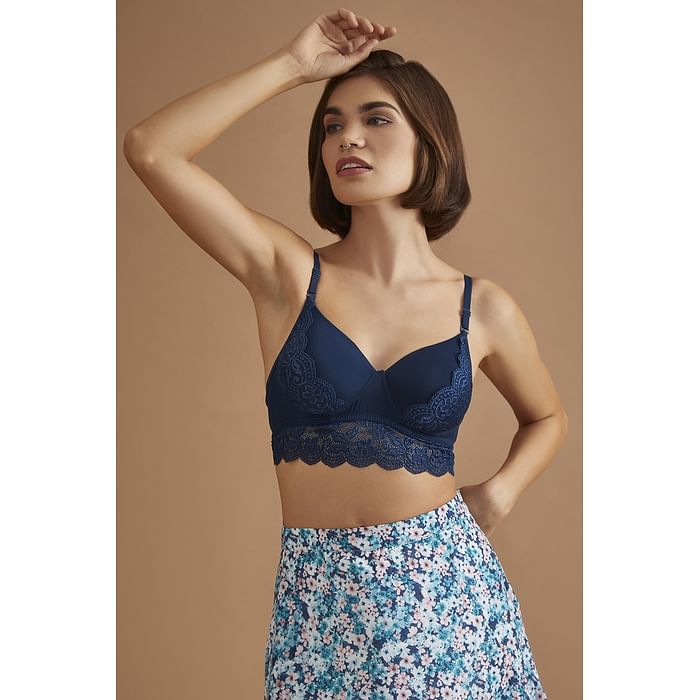 

Clovia Padded Non-Wired Full Cup Bralette in Dark Blue - Lace - BR2013P08, Navy