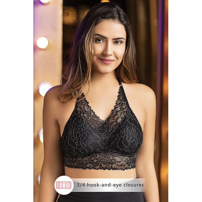 

Clovia Padded Non-Wired Full Coverage Halter Neck Longline Bralette in Black - Lace - BR2007P13