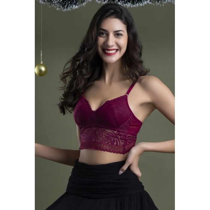 

Clovia Padded Non-Wired Multiway Longline Bralette in Maroon- Lace - BR1970R09