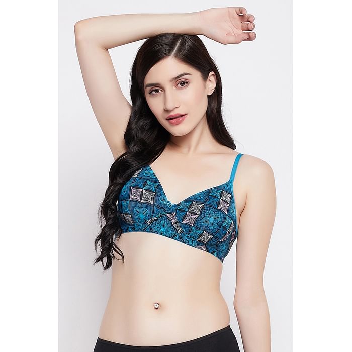 

Clovia Padded Non-Wired Printed Full Coverage T-Shirt Bra in Blue - BR1804T08, Navy