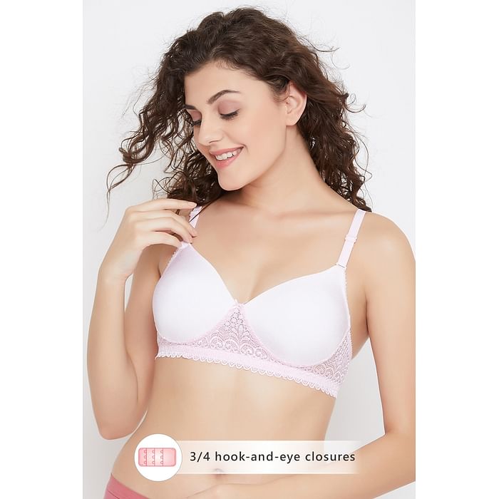 

Clovia Padded Non-Wired Printed Full Coverage T-Shirt Bra with Lace in White - BR1806G18