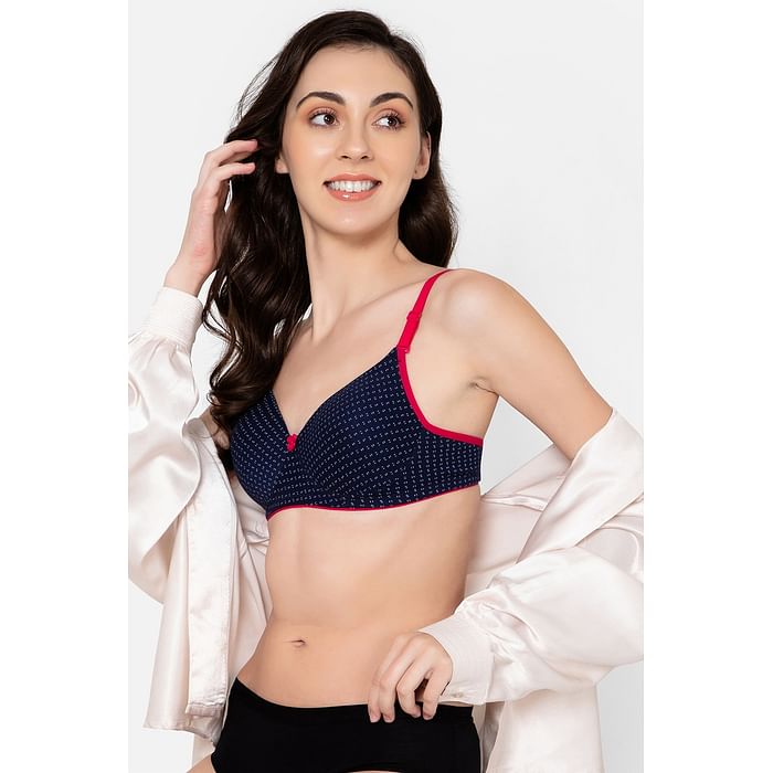

Clovia Padded Non-Wired Full Cup Printed Multiway T-shirt Bra in Navy - Cotton - BR2395L08