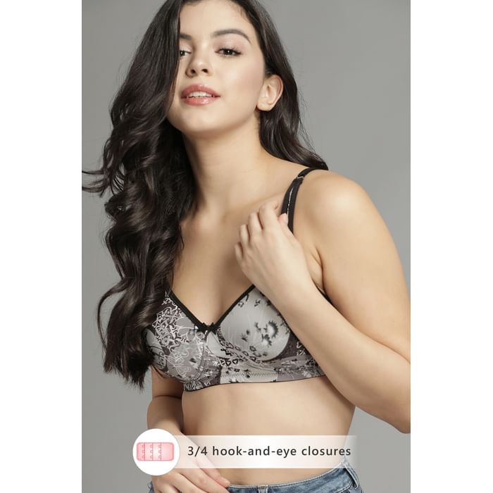 

Clovia Padded Non-Wired Full Coverage Printed T-Shirt Bra - BR1812P05, Dark grey