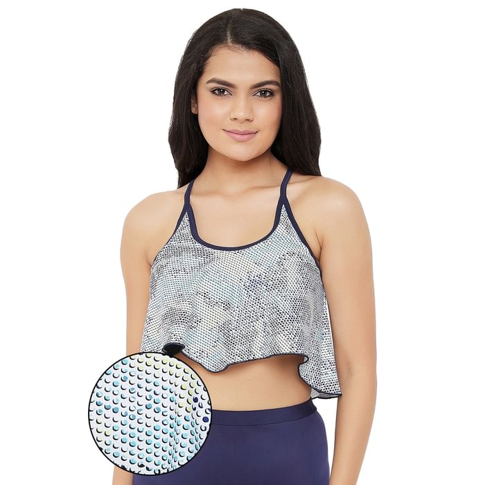 

Clovia Padded Printed Swim Crop Top in White - SMT001P18