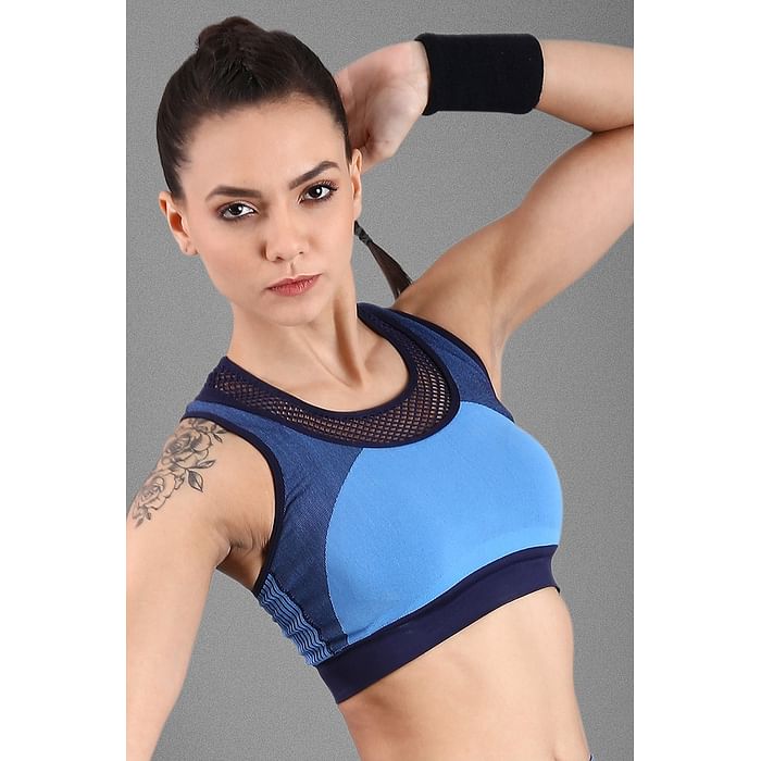 

Clovia Padded Seamless Sports Bra with Racerback in Blue - BR1869P08, Navy