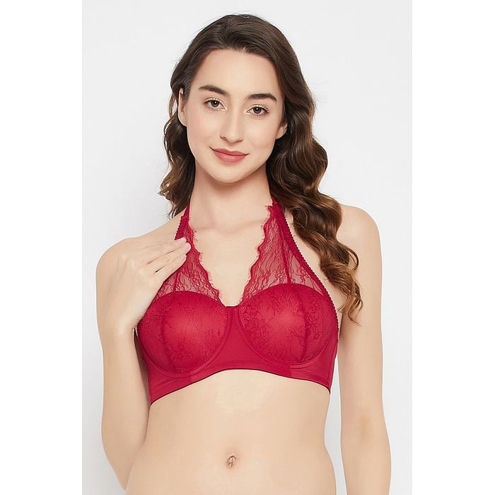 

Clovia Padded Underwired Full Cup Halterneck Bridal Bralette in Red - Lace - BR2012P04