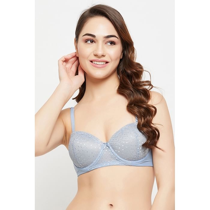 

Clovia Padded Underwired Demi Cup Multiway Strapless Balconette Bra in Baby Blue - Lace - BR2157G03, Light blue