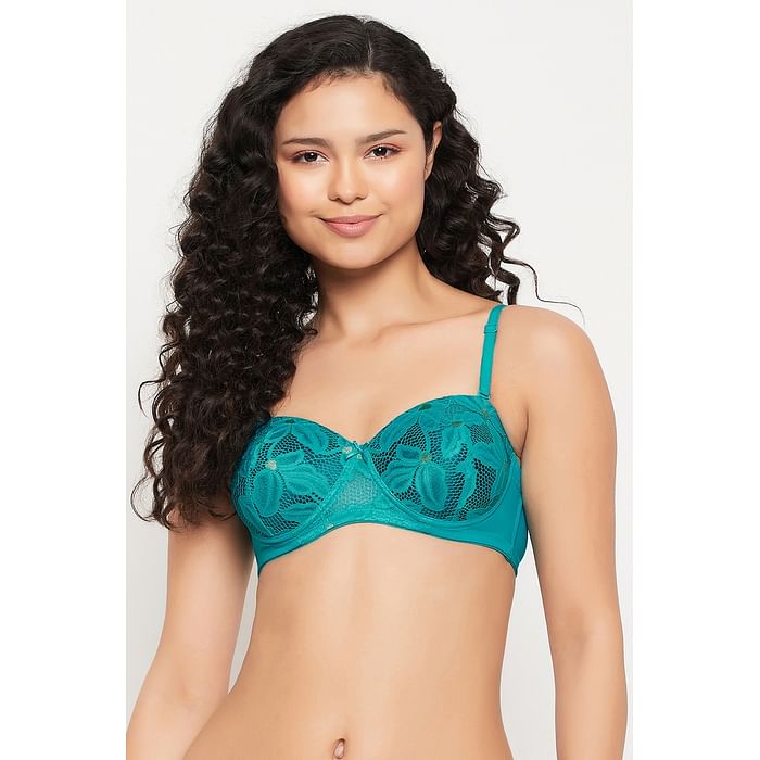 

Clovia Padded Underwired Demi Cup Self-Patterned Multiway Strapless Balconette Bra in Teal Blue - Lace - BR2157K03, Light blue