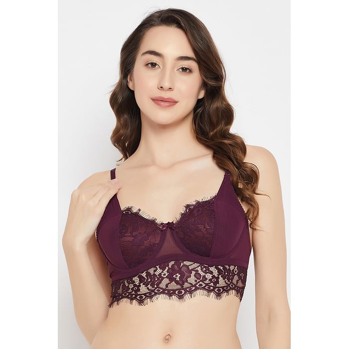 

Clovia Padded Underwired Full Cup Bralette in Wine Colour - Lace - BR1965P15, Purple