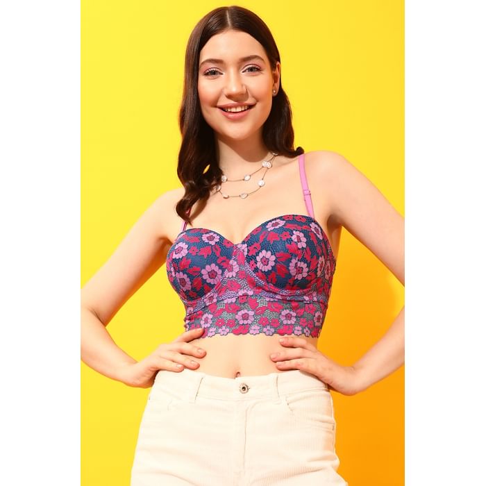 

Clovia Padded Underwired Full Cup Floral Print Multiway Strapless Balconette Bralette in Purple - Lace - BR2383P15