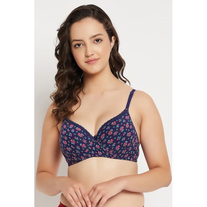 

Clovia Padded Underwired Full Cup Floral Print T-shirt Bra in Midnight Blue - Cotton - BR1594S08, Navy