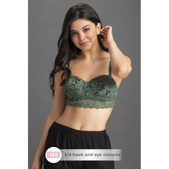 

Clovia Padded Underwired Full Cup Multiway Strapless Bra in Bottle Green with Balconette Style - Lace - BR2097R17, Dark green