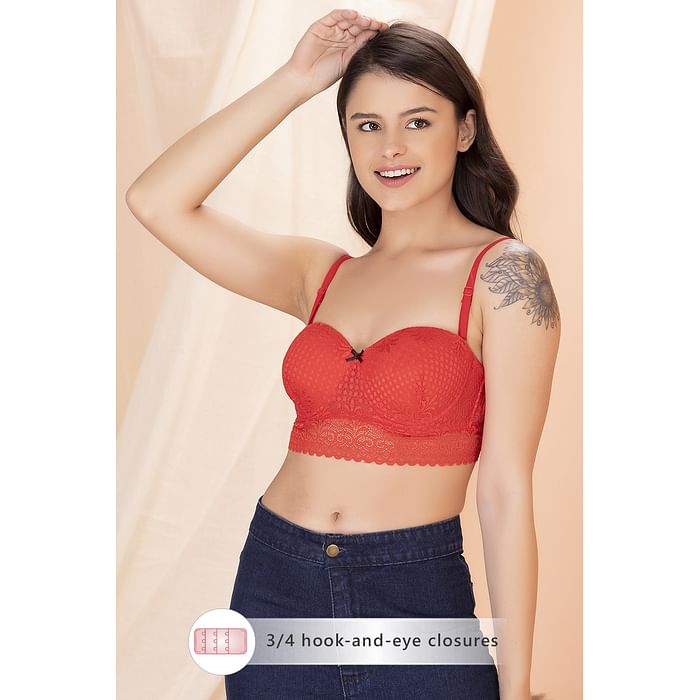 

Clovia Padded Underwired Full Cup Strapless Bralette in Red with Detachable Straps - Lace - BR2097R04