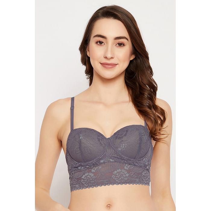 

Clovia Padded Underwired Full Cup Multiway Strapless Balconette Bralette in Dark Grey - Lace - BR2383P05