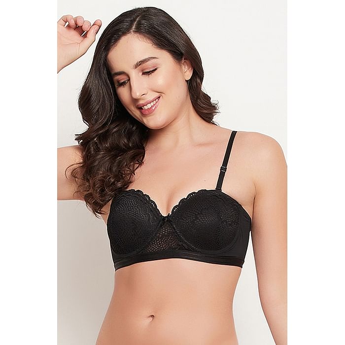 

Clovia Padded Underwired Full Cup Strapless Balconette Bra in Black - Lace - BR2157K08, Navy