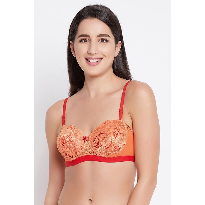 

Clovia Padded Underwired Full Cup Strapless Balconette Bra in Orange - Lace - BR2157A16