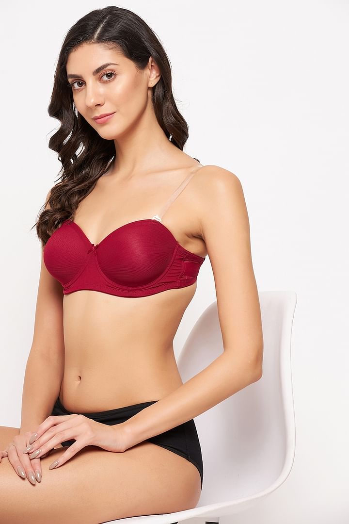 Buy Invisi Padded Underwired Full Cup Strapless Balconette Bra in Maroon  with Transparent Straps & Band Online India, Best Prices, COD - Clovia -  BR1925A09