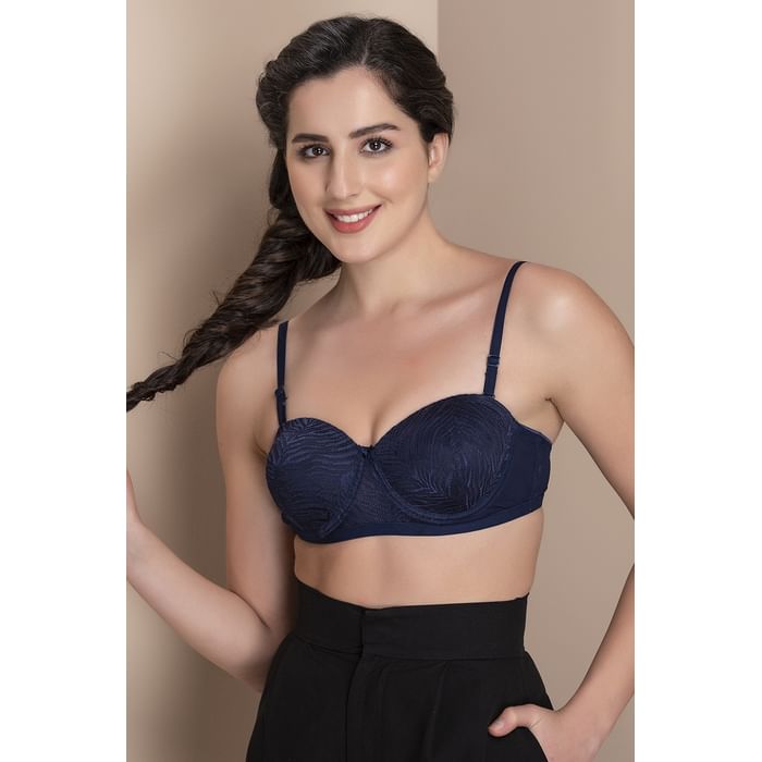 

Clovia Padded Underwired Full Cup Strapless Bra in Navy with Balconette Style - Lace - BR2157A08