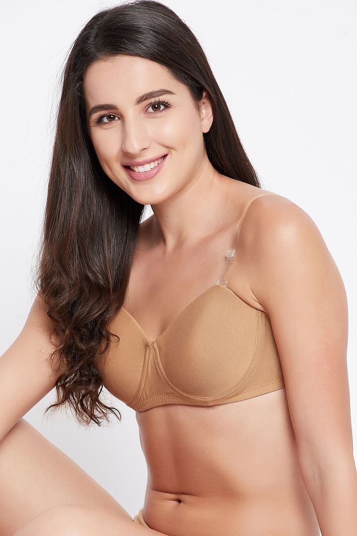 Buy Clovia Padded Underwired Full Cup Strapless Bra With Transparent Back  In Nude Colour Online