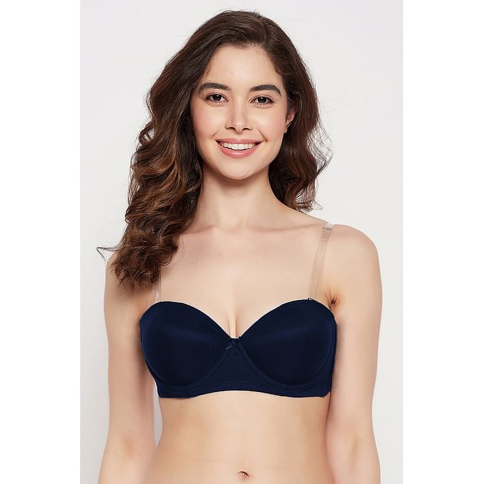 

Clovia Invisi Padded Underwired Full Cup Strapless Balconette Bra in Navy with Transparent Straps & Band - BR1925P08