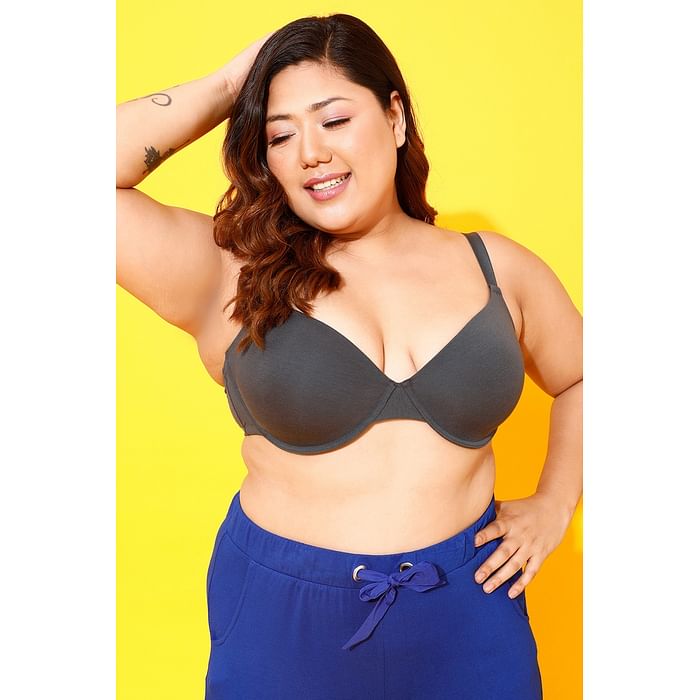 

Clovia Padded Underwired Demi Cup T-shirt Bra in Grey - Cotton - BR2413P05, Dark grey