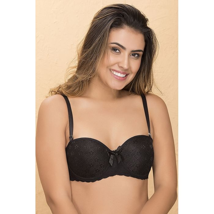 

Clovia Padded Underwired Level-2 Push-up Multiway Balconette Bra in Black - Lace - BR1991P13