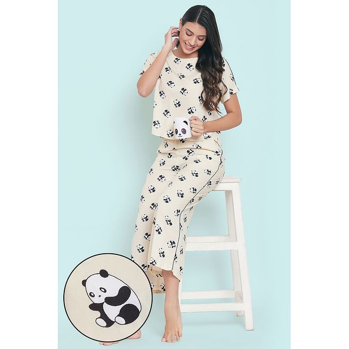 

Clovia We Bare Bears Print Cropped Top & Wide Leg Ankle-Length Pyjama in Light Yellow - Rayon - LS0545P02