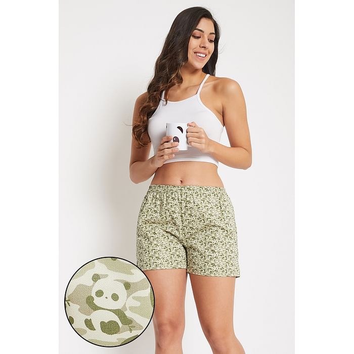 

Clovia Panda Print Shorts in Olive Green - 100% Cotton - LB0126P17, Dark green