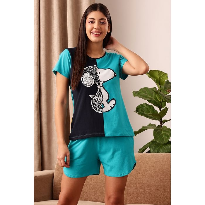 

Clovia Peanut Print Top & Chic Basic Shorts Set in Teal Blue - 100% Cotton - LS0410D36
