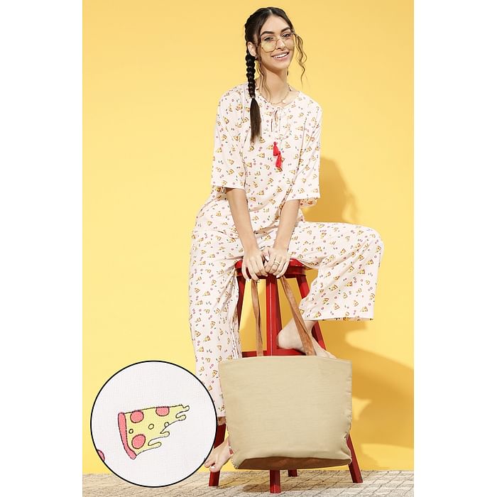 

Clovia Pizza Print Flared Top & Pyjama Set in White - Cotton Rich - LS0535A18