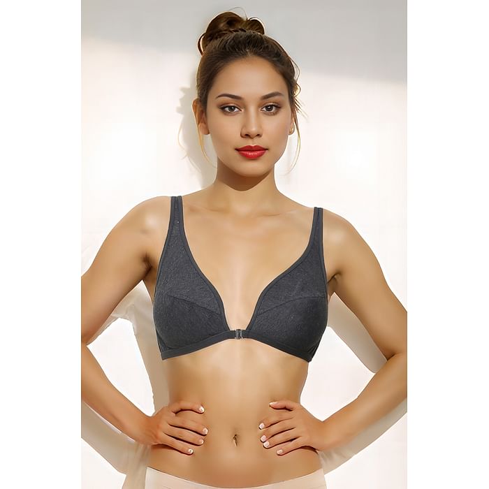 

Clovia Cotton Non-Padded Non-Wired Plunge Bra - BR0348P05, Dark grey