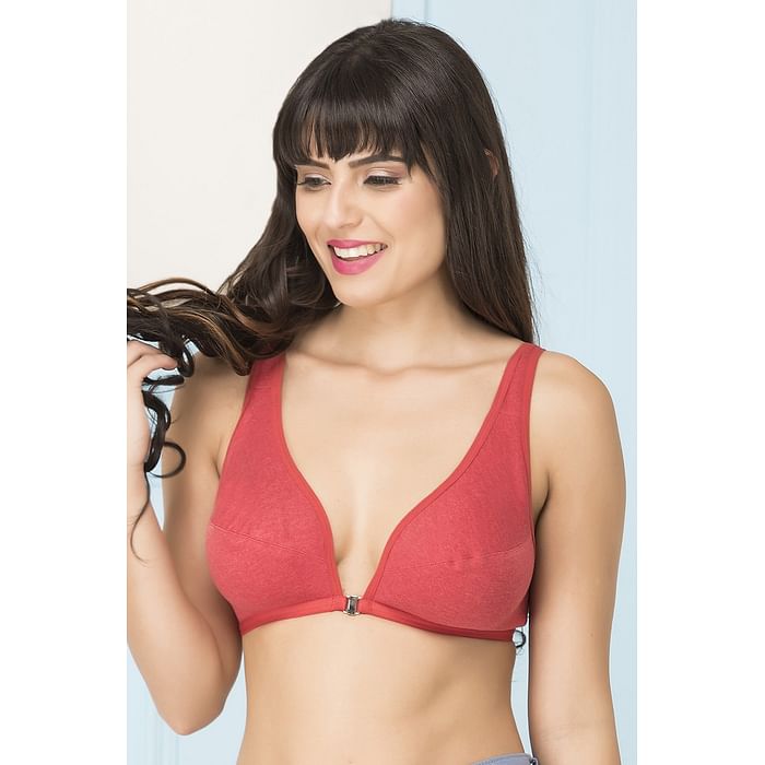 

Clovia Plunge Neck Front Open Bra In Cotton Blend In Red - BR0348P04