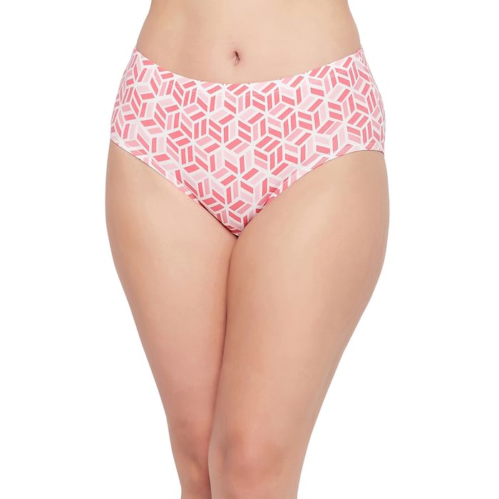 

Clovia Mid Waist Geometric Print Hipster Panty in Salmon Pink with Inner Elastic - Cotton - PN2378F22, Light pink