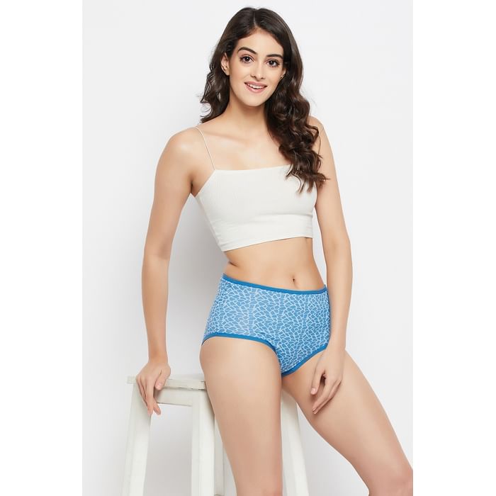 

Clovia High Waist Animal Print Hipster Panty in Sky Blue - Cotton - PN2499D03, Light blue