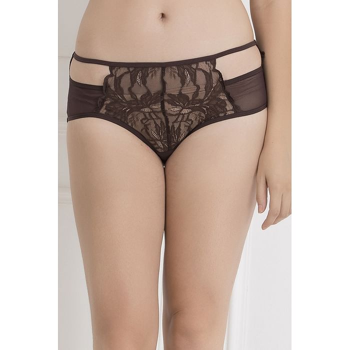 

Clovia Lace Mid Waist Hipster Panty with Powernet Panel in Brown - PN2540R06