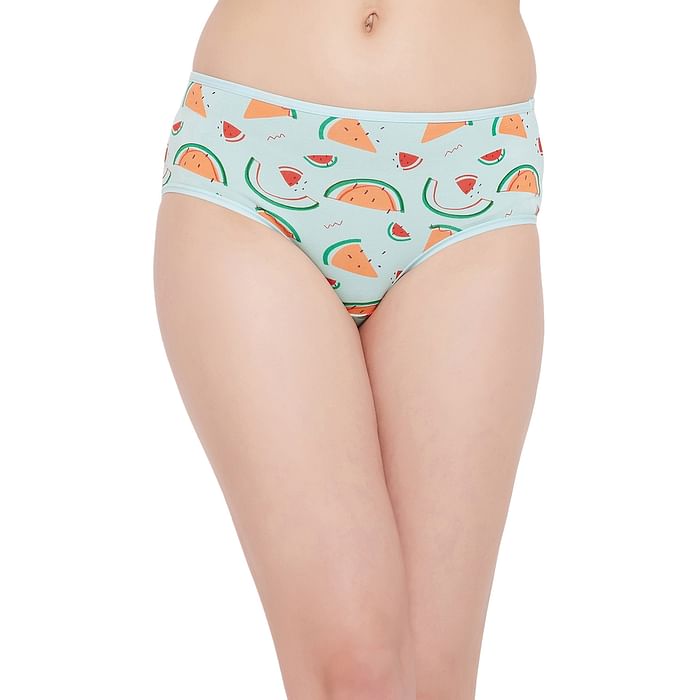 

Clovia Mid Waist Fruit Print Hipster Panty in Baby Blue - Cotton - PN2854B03, Light blue